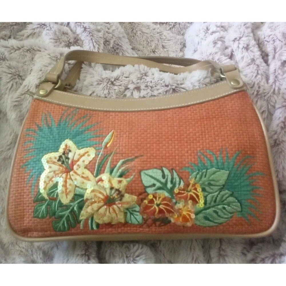 Etienne Aigner Handbag Woven Straw Bag Purse With Flowers Sequins Orange Read